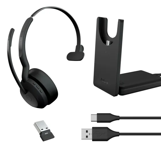 Jabra Evolve2 55 Link380a MS Mono - Micro-casque mono sans fil avec USB-A certifié pour Microsoft Teams, socle de chargement inclus