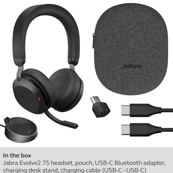 Jabra Evolve2 75 - Micro-casque stéréo sans fil pour MS avec base, Bluetooth, USB-C, noir