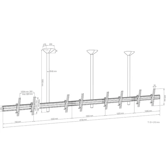 Support plafond Hagor comPROnents® Menuboard pour 4 Displays - 46"-65" (Paysage, inclinable)