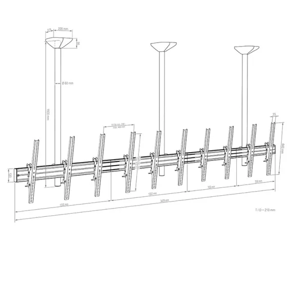 Support plafond Hagor comPROnents® Menuboard pour 5 Displays - 46"-65" (Portrait, inclinable)